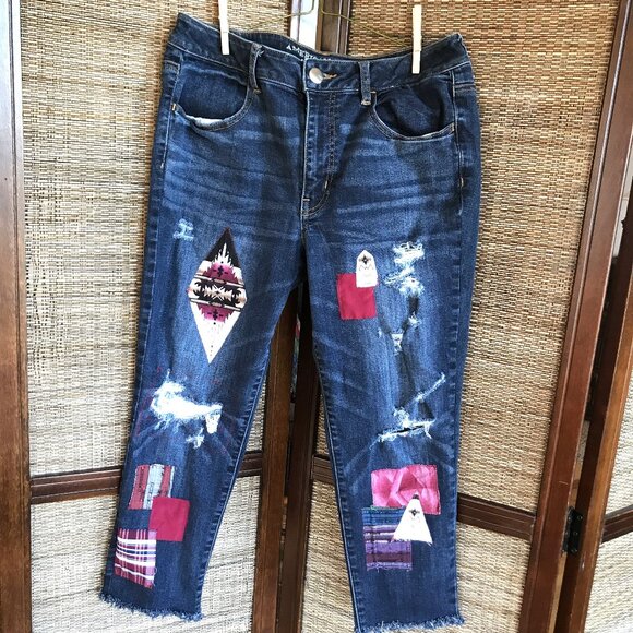 Upcycled Aztec Tribal Patchwork Jeans, Junior Size 12: Distressed Cropped Denim - Picture 12 of 13